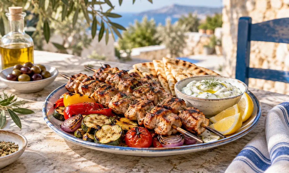 Σουβλάκια με ψητά λαχανικά, πίτες και τζατζίκι