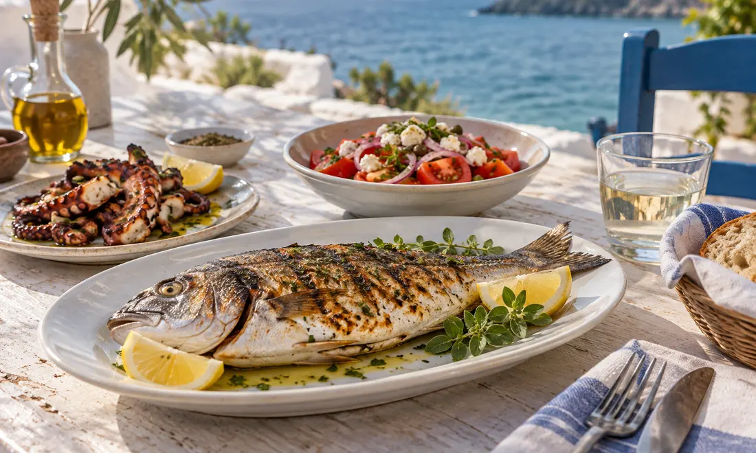 Ψητό ψάρι, χταπόδι και σαλάτα σε τραπέζι δίπλα στη θάλασσα