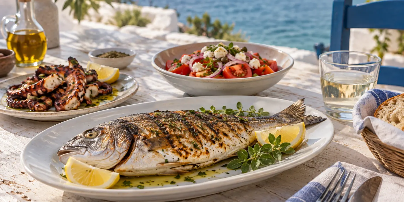 Ψητό ψάρι, χταπόδι και σαλάτα σε τραπέζι δίπλα στη θάλασσα